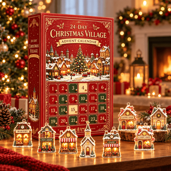 Calendrier de l'Avent de Village de Noël en Acrylique 2D de 24 Pcs 2026 avec Ornements Suspendus pour Maison pour Arbre Manteau de Cheminée Compte à Rebours Déco