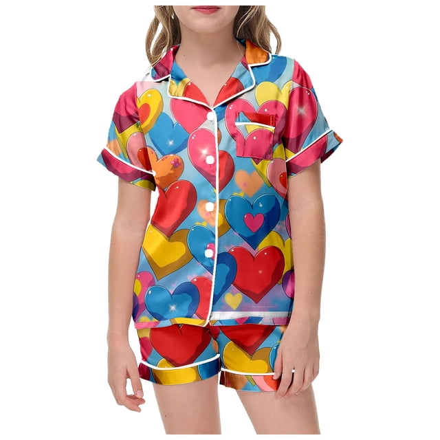 WEAIXIMIUNG Ensemble de Pyjama Deux Pièces à Manches Courtes Imprimé pour Enfants Saint-Valentin 8-9 Ans