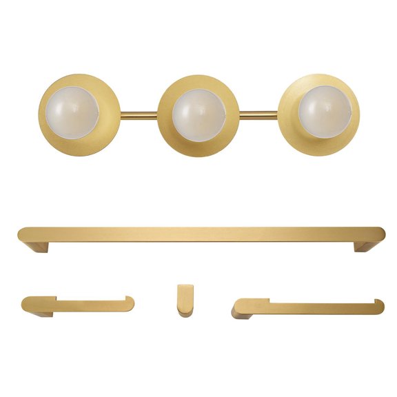 Courtney 5-Piece All-In-One Bathroom Set, Matte Brass, 20" 3-Light Vanity Light, Towel Bar, Towel Ring, Toilet Paper Holder, Robe Hook