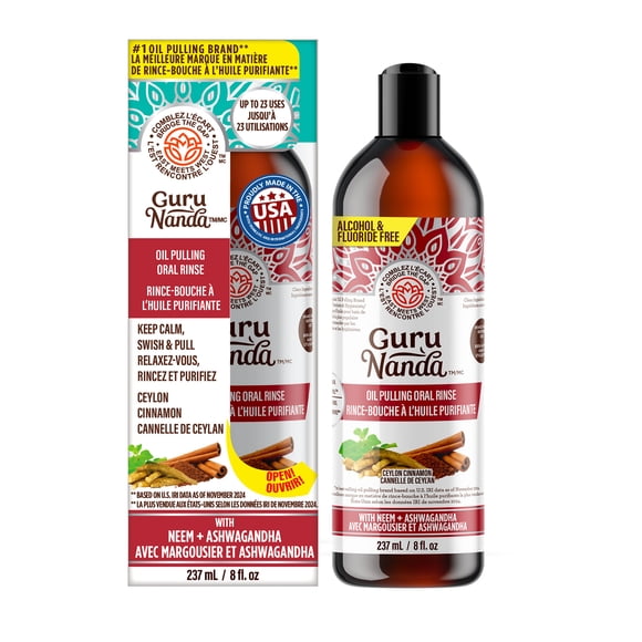 GuruNanda Coconut & Cinnamon Oil Pulling Flavor with Neem & Ashwagandha - Oral Rinse Mouthwash - 237 ml