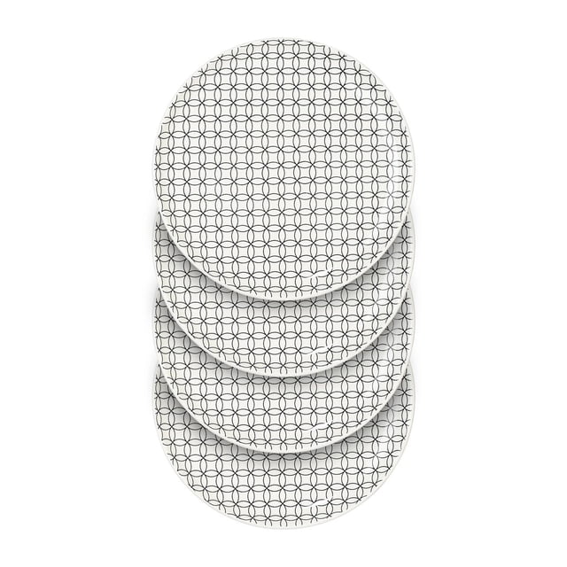 Mainstays Alessandra Black 4-pack Stoneware Dinner Plate Set, 10.5" with four stacked round plates featuring a white base and black geometric circle pattern, made of durable stoneware that is dishwasher and microwave safe, suitable for everyday meals and casual dining.