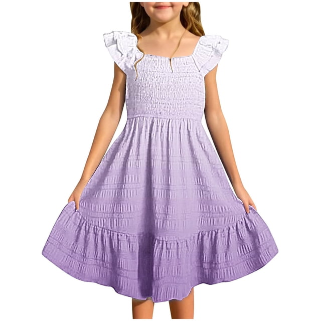 MIASHUI Robes pour Filles à Manches Volantées Extensibles, Coupe Trapèze Évasée, Robe d'École, Violet Pâle, 11-12 Ans