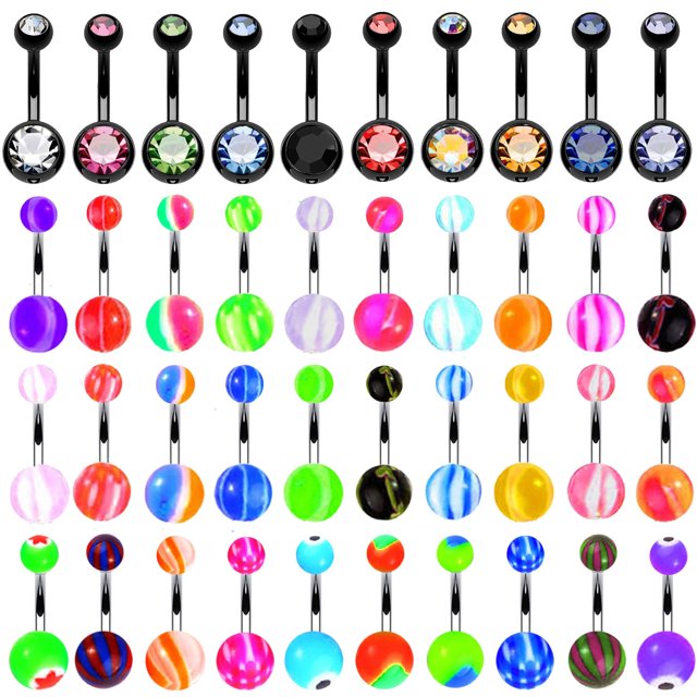 BodyJ4You 60PC Belly Button Ring Set 14G Mix CZ Black Steel Acrylic Banana Body Piercing Jewelry