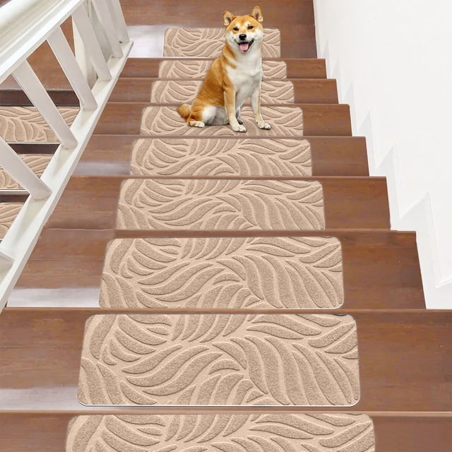 Stair Mats - Non-Slip Carpet Treads, Reusable Adhesive Backing, Indoor Stair Runner, Easy to Clean Polyester Rug, Beige, JKODE
