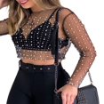 thumbnail image 4 of Women‘s Summer Sheer Mesh Tops Long Sleeve  Neck Rhinestone Slim Fit Crop Tops, 4 of 7