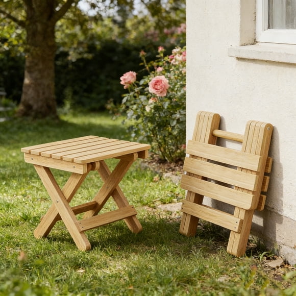 weibbin Wood Foldable Stool Portable Solid Wood Bench for Camping Garden Home Outdoor Beige 11x10.2x8.7in