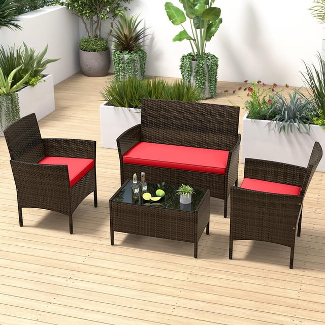 Costway Ensemble de Mobilier de Patio en Rotin 4 Pcs Canapé Coussiné Table Basse Cour Arrière Véranda Rouge