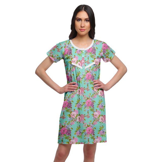 Moomaya Chemise de Nuit d'Allaitement à Col Rond pour Femmes, Imprimée, à Manches Courtes