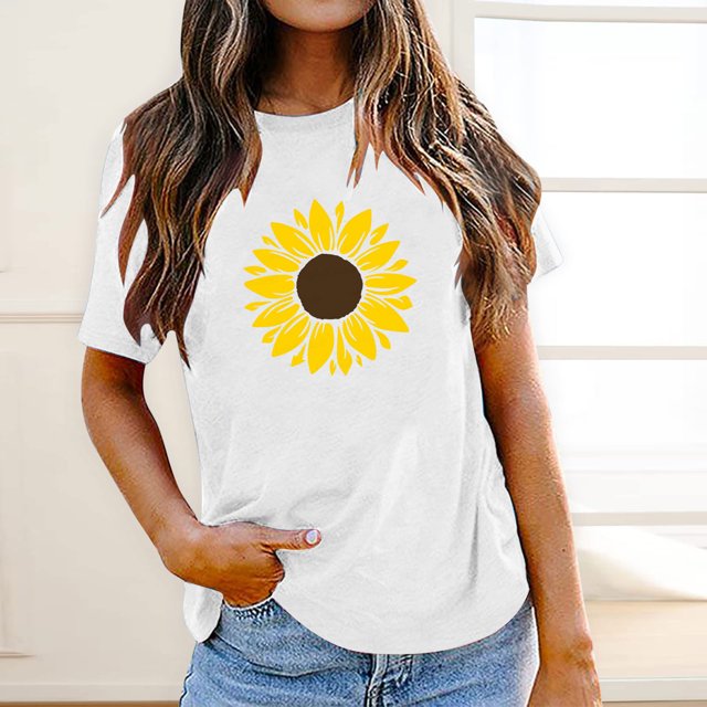 EGNMCR T-Shirts pour Femmes Mode pour Femmes Col Rond Manches Courtes Hauts à Imprimé de Tournesol de Pâques