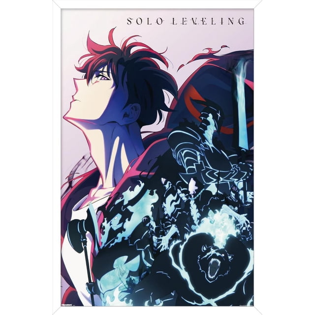 Solo Leveling : Saison 2 - Affiche Murale Teaser Key, 22,375 Po x 34 Po Encadrée, Représente un Personnage d'Anime aux Cheveux Rouges et Noirs Regardant vers le Haut, Entouré de Guerriers au Spectre Bleu Lumineux et d'Un Ours Rugissant, Conçue comme Art Mural Encadré Idéal pour la Déco de la Maison Ou l'Exposition au Bureau.