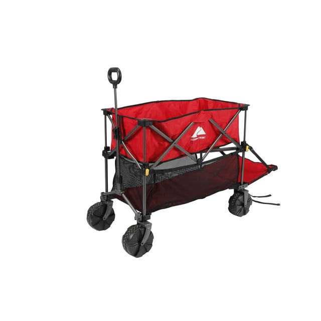 Ozark Trail Chariot Utilitaire Pliant à Deux Niveaux avec Poignée d'Extension en Tissu polyester Rouge et Cadre en Acier Enduit de Poudre Noir, Doté de Deux Compartiments de Rangement, Dont une section Inférieure en Maille avec Hayon Rabattable, Quatre Grandes Roues et un Organisateur Latéral, Idéal pour le camping et le Transport d'Équipement de Plein Air.