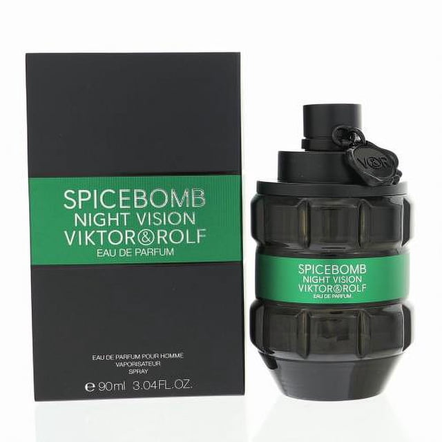 Viktor & Rolf Spicebomb Night Vision Eau De Parfum Spray for Men, 3 oz, displayed in a grenade-shaped black bottle with green accents, paired with a matching black box featuring green branding. This bold fragrance combines citrus, black spices, and woody notes, perfect for evening wear.