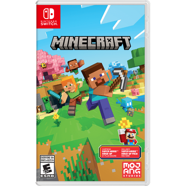 Minecraft Nintendo Switch Couverture de Jeu Montrant des Personnages Bloquants Steve avec une Pioche et Alex avec une Épée dans un Monde de voxel avec Creeper, des Animaux et des Fleurs, avec des modes Créatifs et de Survie et le Paquet Mash-Up Super Mario.
