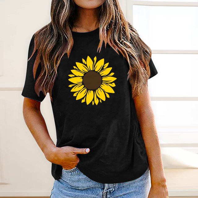 EGNMCR T-Shirts pour Femmes Mode pour Femmes Col Rond Manches Courtes Hauts à Imprimé de Tournesol de Pâques