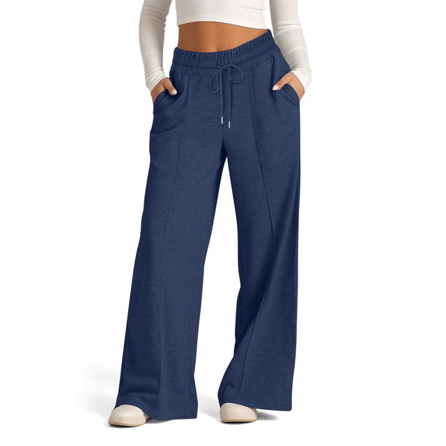 Pisexur Womens Sweatpants 2024 Ribbed Workout Jogging Pants Casual Baggy Elastic Waist Sweatpants Casual Baggy Drawstring Wide Leg Pants Solid Color Straight Leg Sweatpants with Pockets