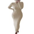 thumbnail image 1 of Robe Tricotée à Manches Longues pour Femmes Motif Crochet Unie Côtelée Robe Décontractée, 1 of 5