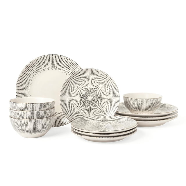 Thyme & Table Riley Collection, Ensemble de Vaisselle en Grès de 12 Pcs Comprenant Quatre Assiettes à Souper, Quatre Assiettes à Salade et Quatre Bols avec une base Crème et un Motif Linéaire radial Noir. Fabriqué en Céramique durable, Va au Micro-Ondes et au Lave-Vaisselle, Convient à un Usage Quotidien et aux Repas Décontractés.