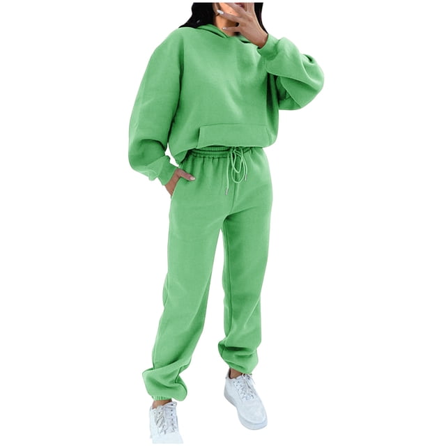 PEZHADA Fall Savings Women 2 Piece Outfits Sweatsuit Set Oversized Long Sleeve Hooded Sweatshirt with Pockets Drawstring Sweatpant Lounge Set Tracksuit Green