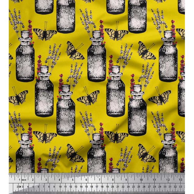 Soimoi Yellow Polyester Crepe Fabric Insect,Lavender & Vintage Bottle Print Fabric by The Yard 42 Inch Wide
