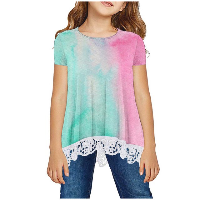 MeetoTime Kids Short Sleeve Tops Summer Casual Round Neck Gradient Color Lace Layered T-Shirt Tee for Girls