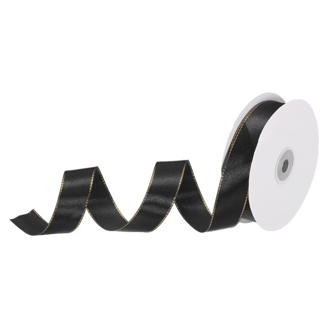 Unique Bargains 1 Inch 50 Yard Wide Satin Ribbon with Gold Edges Grosgrain Fabric Ribbon for Gift Wrapping, Black