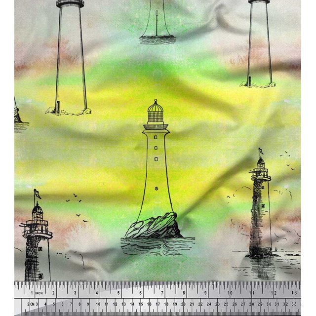 Soimoi Modal Satin Fabric Lighthouse Nautical Print Sewing Fabric Yard 42 Inch Wide