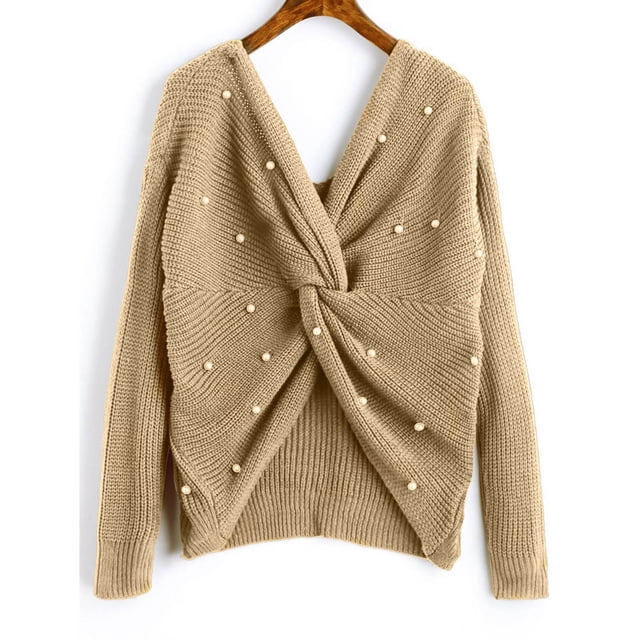 Chandail en Tricot d'Hiver pour Femmes Col en V Perle Mi-Longueur