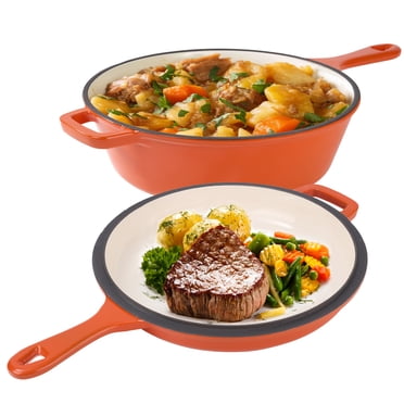 Hawsaiy Enameled Cast Iron Skillets, 2-in-1 Cast Iron Dutch Oven Pot with Lid Set, 3QT Dutch Oven + 1.5QT Skillet for Frying, Baking, Stewing, Grilling,Orange