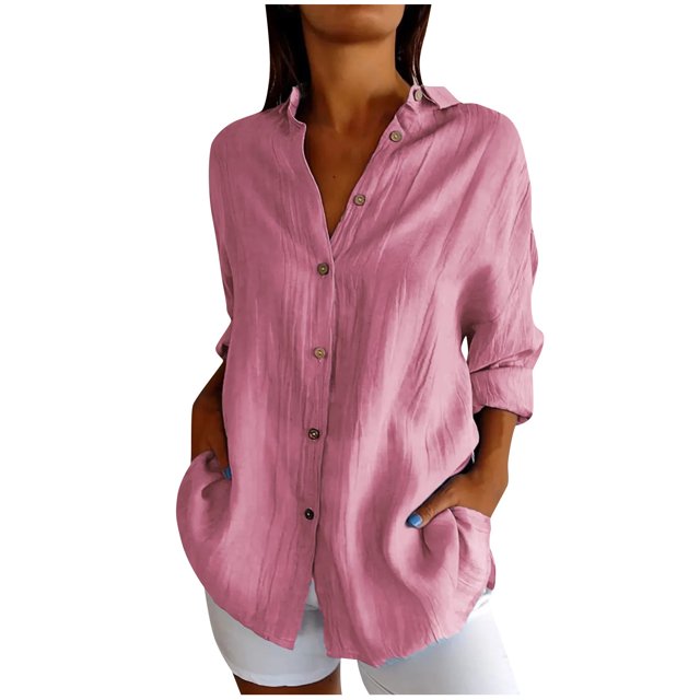 Timegard Plus Size Tops for Women Button down Shirts Long Sleeve Lapel V Neck Blouse Lightweight Tops