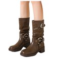 thumbnail image 1 of Mid Calf Combat Riding Boots for Women Slouchy Leather Buckle Square Toe Chunky Heel Winter Fall Tall Boots, 1 of 7