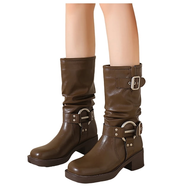 Mid Calf Combat Riding Boots for Women Slouchy Leather Buckle Square Toe Chunky Heel Winter Fall Tall Boots