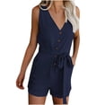 thumbnail image 1 of biudgviw Women's Plus Size Rompers Summer Casual V Neck Button down Belted Sleeveless Jumpsuits Loose Short Overalls with Pockets, 1 of 6