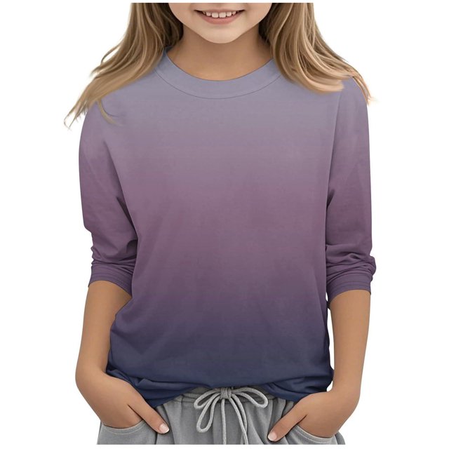 2025 Chemises Filles Manches 3/4 Mode Couleur Unie Col Rond Hauts Chemises Décontractées Violet