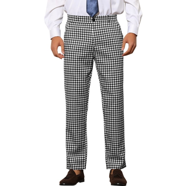INSPIRE CHIC Men's Pants Houndstooth Checked Slim Fit Zipper Closure Dress Pants 30 White Black