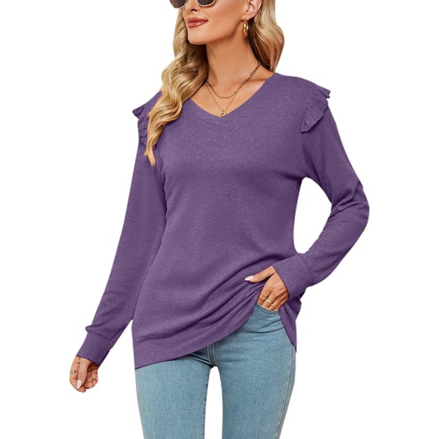 MAWCLOS Femmes Ample V Cou Tee Loungewear Couleur Unie Tunique Blouse Violet S
