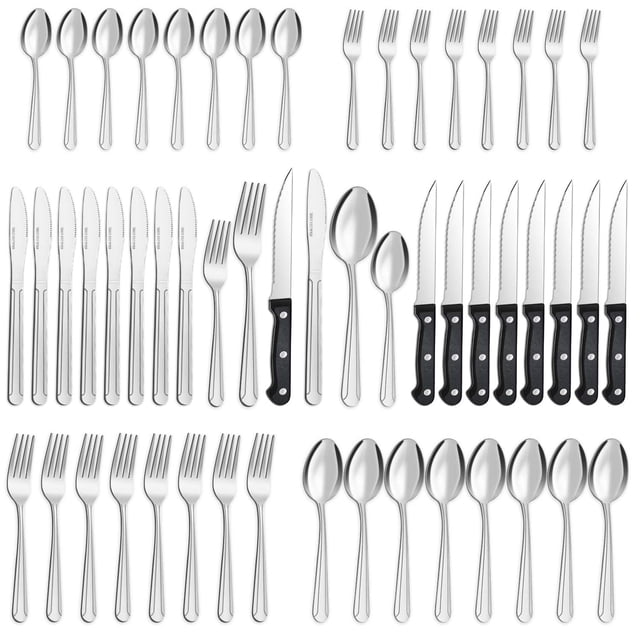 Bestdin 48 pieces silverware set with steak knives, a complete flatware set for 8 people. Includes dinner forks, dessert forks, dinner knives, steak knives, dinner spoons, and tea spoons. Crafted from durable stainless steel with a mirror-polished finish, this cutlery set is ideal for home, kitchen, restaurant, or hotel use. Dishwasher safe.