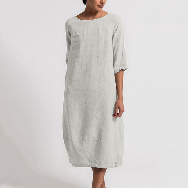 TIMIFIS Robe en Coton et Lin pour Femme Décontractée Ample Robe d'Été Longue Robe à Manches Courtes Robes Maxi Été Grande Taille Robe de Plage Été