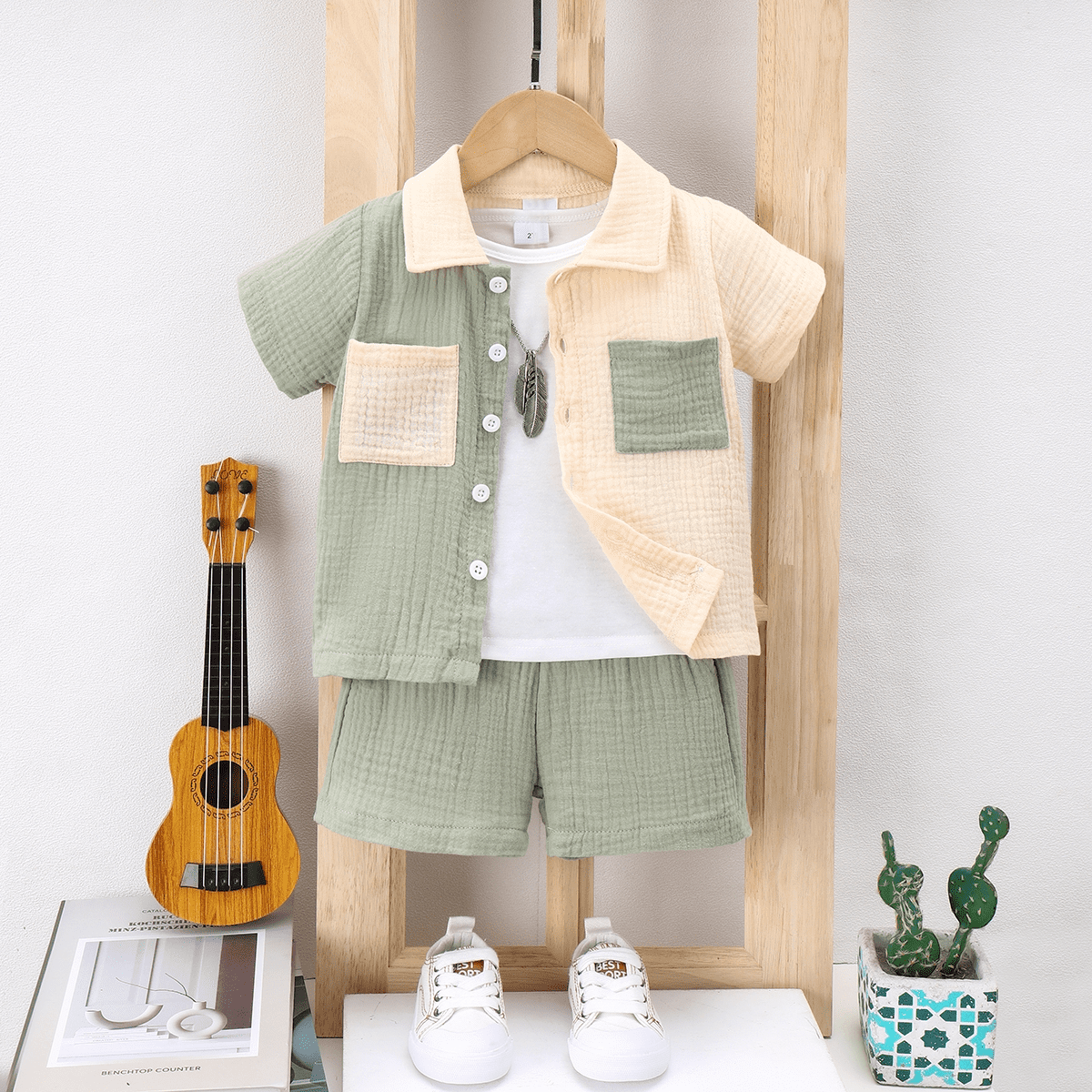 PatPat Toddler Boy 3pcs Textured Lapel Shirt and Solid Tee and Shorts Set
