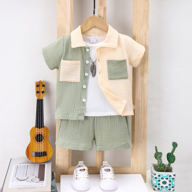 PatPat Ensemble 3 Pcs pour Tout-Petit Garçon, Chemise Texturée à Col à Revers et T-Shirt Uni et Short