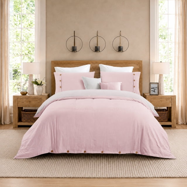 Swift Home Reversible Ultra Soft Solid Duvet Cover Set with Decorative Button Closure, King, Pink