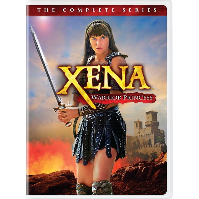 Xena: la Couverture DVD Complète de la Série Mettant en Vedette une Princesse Guerrière en Cuir Noir Clouté Tenant une Épée, avec un Château de Pierre Médiéval et un Paysage Rocheux Ardent en Arrière-Plan, Représentant la Série Télé d'Aventure Fantastique.