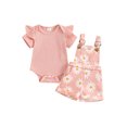 thumbnail image 1 of Gupgi Baby Girls Overalls Set, Infant Short Sleeve Ribbed Romper+Flower Print Suspender Shorts with Pockets, 1 of 9