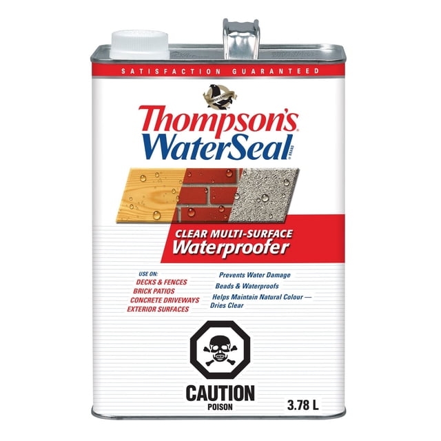 Thompson's WaterSeal Multi-Surface Waterproofer, Clear, 3.78 L metal container with white and red label depicting wood, brick, and concrete surfaces with water droplets, designed to waterproof decks, fences, brick patios, and concrete driveways while maintaining natural colour, includes poison caution symbol.