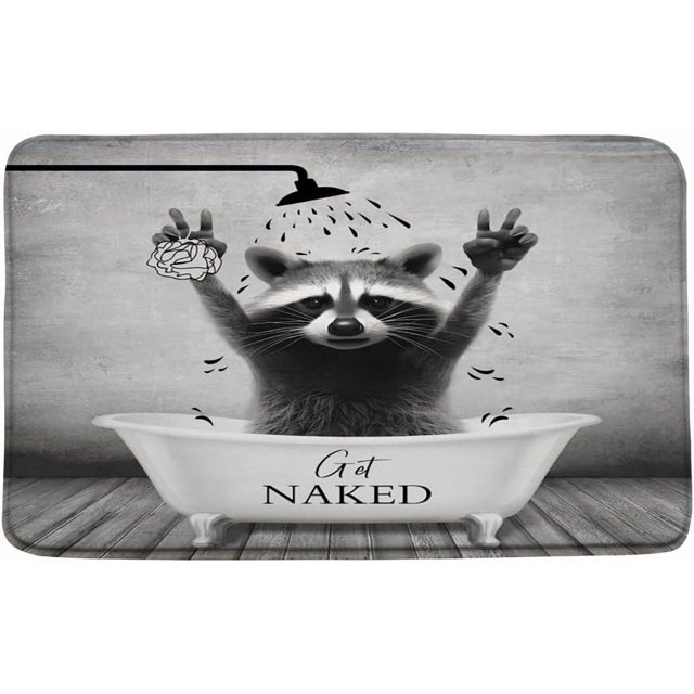 YOZSLGU Raccoon Bath Mat Funny Animal in The Bathtub Get Naked Grey Creative Memory Foam Bathroom Kitchen Rug, 23.6 x 35 Inch