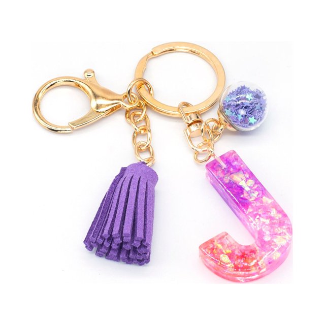 Resin Glittering Letter Keychain, Color Stitching Stitching Flowing Soverell, Purple Drop Glue English Character Key Chain Christmas Party Table Decorations Centerpieces Clear Acrylic Beads Bulk Stain