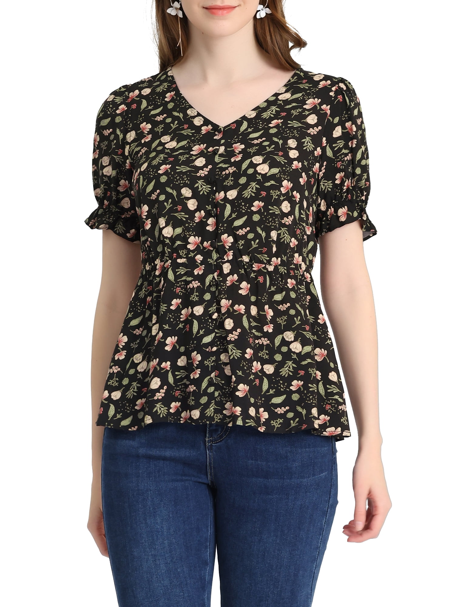 INSPIRE CHIC Women's Faux Placket Ruffle Hem Puff Sleeve Button Decor Peplum Top S Black