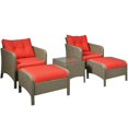 thumbnail image 1 of Outsunny 5 Pieces Wicker Patio Furniture Sofa Set Thick Padded Cushions, Outdoor PE Rattan Conversation Coffee Set with Armchairs, Footstools and Glass Top Table, Red, 1 of 10