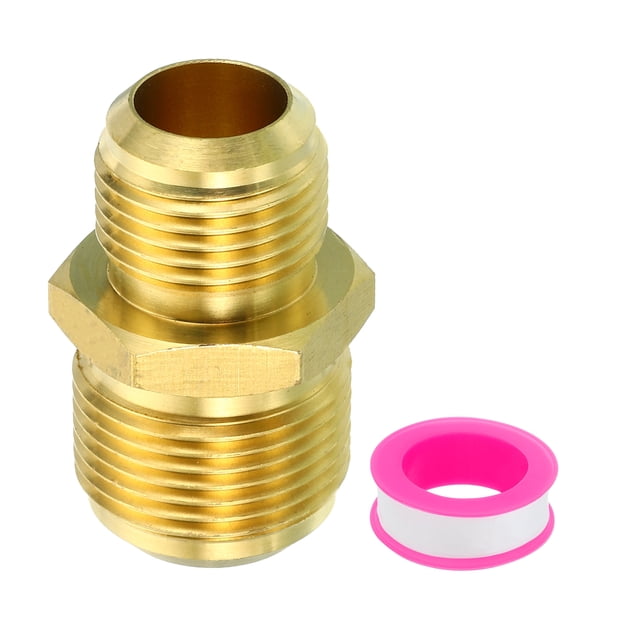 Unique Bargains 5/8 Inch Male Flare x 3/4 Inch Male Flare Connector, Brass Adapter Reducing Union Tube Coupler. The brass fitting features a durable, corrosion-resistant design with clear, standard threads for secure connections. It includes an SAE 45-degree male flare connection on both ends, suitable for connecting 5/8-inch and 3/4-inch OD copper pipes. The hexagonal shape allows easy tightening with a wrench. Comes with PTFE tape for additional plumbing support. Ideal for air conditioning, HVAC, automotive, and gas systems.
