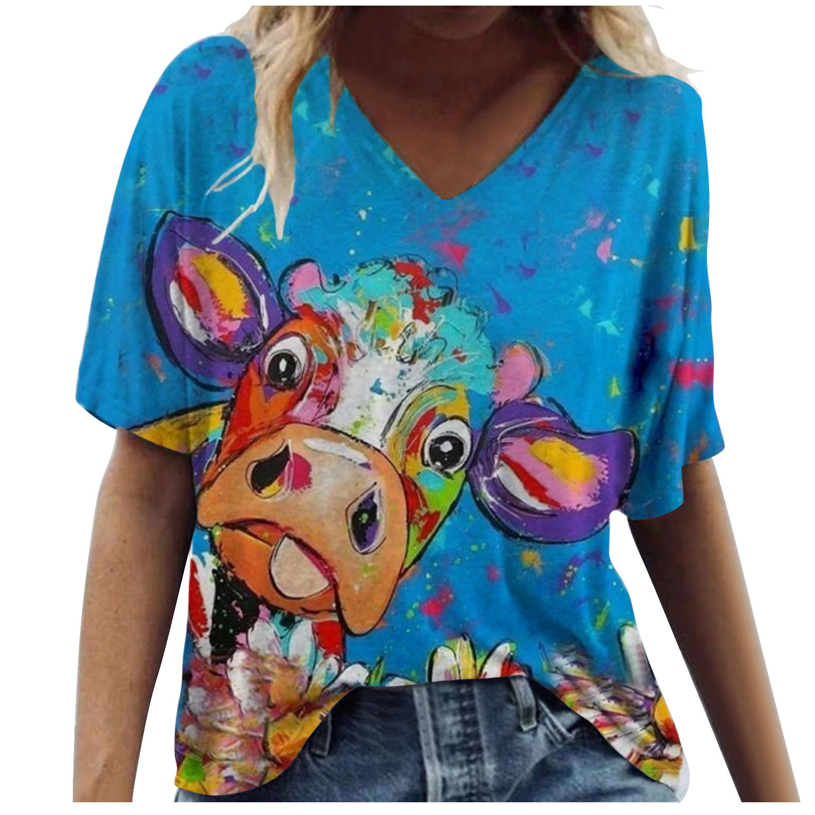 Babysbule Liquidation Hauts pour Femmes Grande Taille Femmes Manches Courtes Imprimé Col en V Hauts Tee T-Shirt Blouse