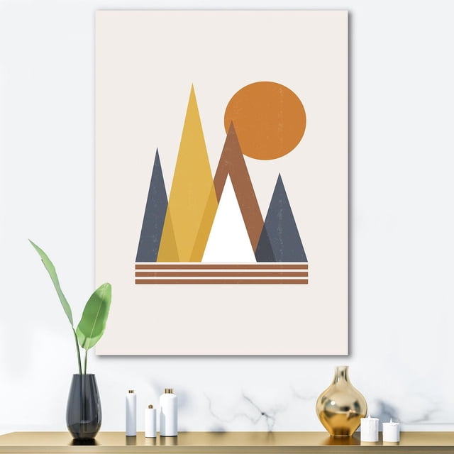 Designart Art Mural sur Toile Abstrait de Montagne et Soleil Montrant des Formes Géométriques de Montagne en orange, Brun, Jaune et Bleu Foncé avec un Soleil orange, Imprimé sur Toile de Coton de Qualité Supérieure avec Bords Enveloppés pour Galerie, Prêt à Accrocher et Idéal pour la Déco Maison Moderne.